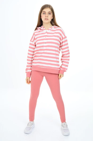 Toontoy Kız Çocuk 2'li Takım Çizgili Kapüşonlu Düşük Omuz Çıtçıtlı Sweatshirt & Basic Düz Tayt ürün görseli 1