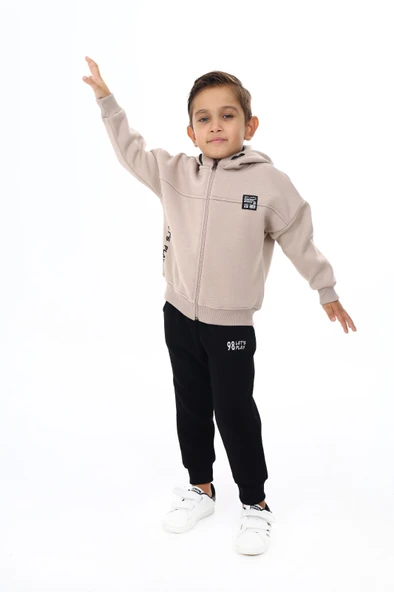 Toontoy Erkek Çocuk 2'li Takım Baskılı Kapüşonlu Fermuarlı Sweatshirt & Beli Paçası Lastikli Jogger Eşofman Altı - 3 İplik Şardonlu ürün görseli 1