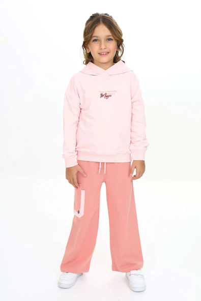 Toontoy Kız Çocuk 2'li Takım Baskılı Kapüşonlu Sweatshirt & Beli Lastikli Bol Paça Cepli Eşofman Altı - Renk Bloklu & 2 İplik ürün görseli 1