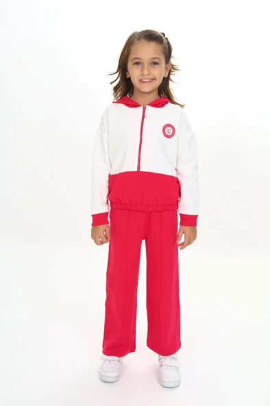Toontoy Kız Çocuk 2'li Takım Baskılı Kapüşonlu Fermuarlı Sweatshirt & Beli Lastikli Bol Paça Eşofman Altı - Renk Bloklu & Nervürlü & 2 İplik ürün görseli 1