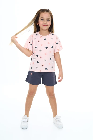 Toontoy Kız Çocuk 2'li Takım Baskılı Bisiklet Yaka T-Shirt & Beli Lastikli Cepli Şort ürün görseli 1