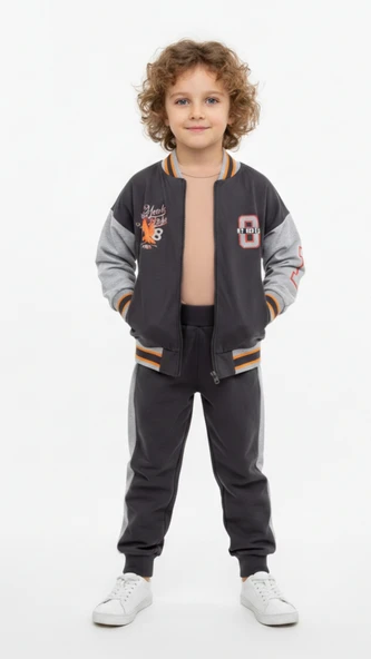Toontoy Erkek Çocuk 2'li Takım Baskılı Kolej Yaka Fermuarlı Sweatshirt & Beli Paçası Lastikli Jogger Eşofman Altı - Renk Bloklu & 2 İplik ürün görseli 1