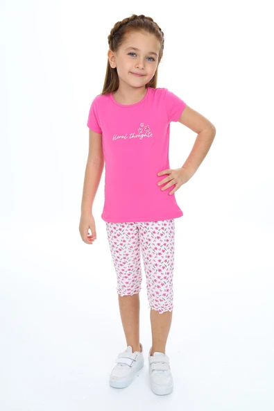 Toontoy Kız Çocuk 2'li Takım Baskılı Bisiklet Yaka T-Shirt & Beli Lastikli Crop Tayt ürün görseli 1