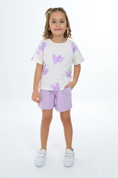 Toontoy Kız Çocuk 2'li Takım Baskılı Bisiklet Yaka T-Shirt & Beli Lastikli Cepli Şort ürün görseli 1
