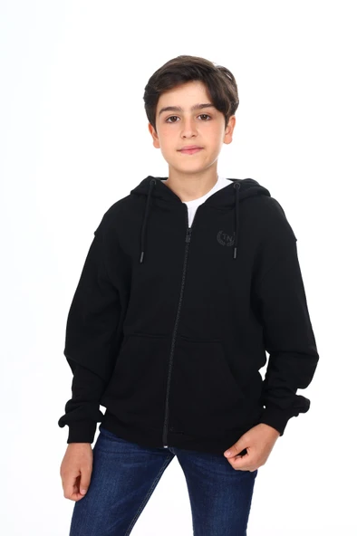 Toontoy Erkek Çocuk Kapüşonlu Fermuarlı Cepli Düşük Omuz Baskılı Örme Hırka - 3 İplik Şardonsuz ürün görseli 1