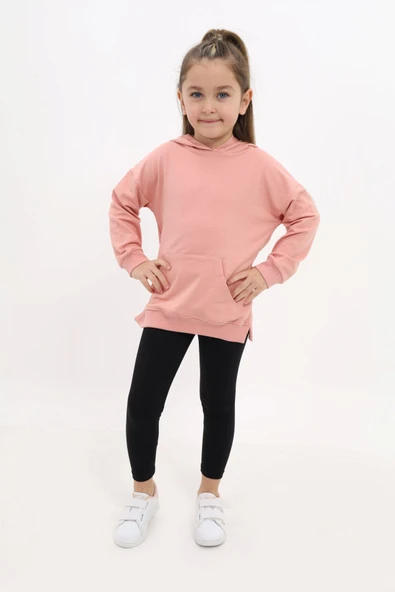 Toontoy Kız Çocuk 2'li Takım Baskılı Kapüşonlu Düşük Omuz Cepli Yırtmaçlı Sweatshirt & Basic Düz Tayt ürün görseli 1