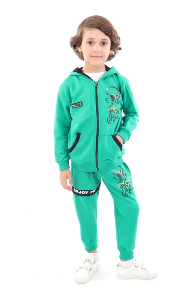 Toontoy Erkek Çocuk 2'li Takım Baskılı Kapüşonlu Fermuarlı Cepli Sweatshirt & Beli Paçası Lastikli Cepli Jogger Eşofman Altı - 2 İplik ürün görseli 1