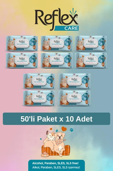 Reflex Care Evcil Hayvanlar için Çok Amaçlı Hijyenik Temizleme Mendili 50'li x 10 Adet - Alaçatı Ice Kokulu ürün görseli 1