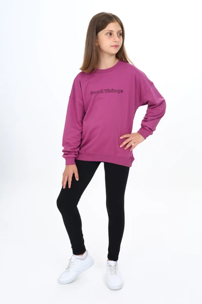 Toontoy Kız Çocuk 2'li Takım Baskılı Bisiklet Yaka Düşük Omuz Sweatshirt & Basic Düz Tayt ürün görseli 1