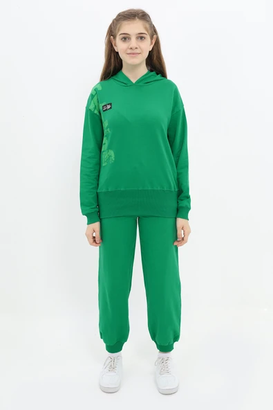 Toontoy Kız Çocuk 2'li Takım Baskılı Kapüşonlu Sweatshirt & Beli Paçası Ribanalı Cepli Jogger Eşofman Altı - TK22914 ürün görseli 1