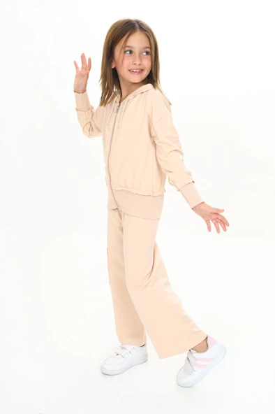 Toontoy Kız Çocuk 2'li Takım Kapüşonlu Fermuarlı Sweatshirt & Beli Lastikli Bol Paça Cepli Eşofman Altı - 2 İplik ürün görseli 1