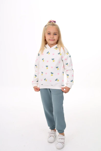 Toontoy Kız Çocuk 2'li Takım Baskılı Kapüşonlu Sweatshirt & Beli Paçası Lastikli Jogger Eşofman Altı - Renk Bloklu & 3 İplik Şardonlu ürün görseli 1