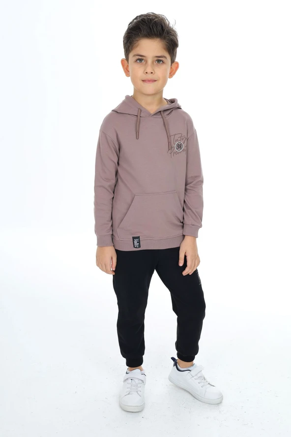 Toontoy Erkek Çocuk 2'li Takım Baskılı Kapüşonlu Cepli Sweatshirt & Beli Paçası Lastikli Cepli Jogger Eşofman Altı - Renk Bloklu & 2 İplik ürün görseli 1