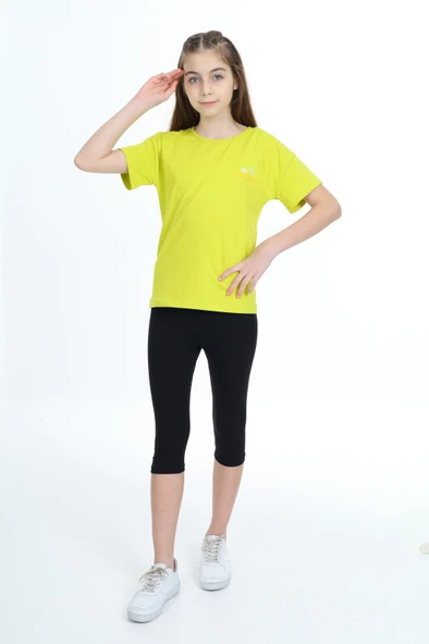 Toontoy Kız Çocuk 2'li Takım Baskılı Bisiklet Yaka T-Shirt & Basic Düz Crop Tayt ürün görseli 1