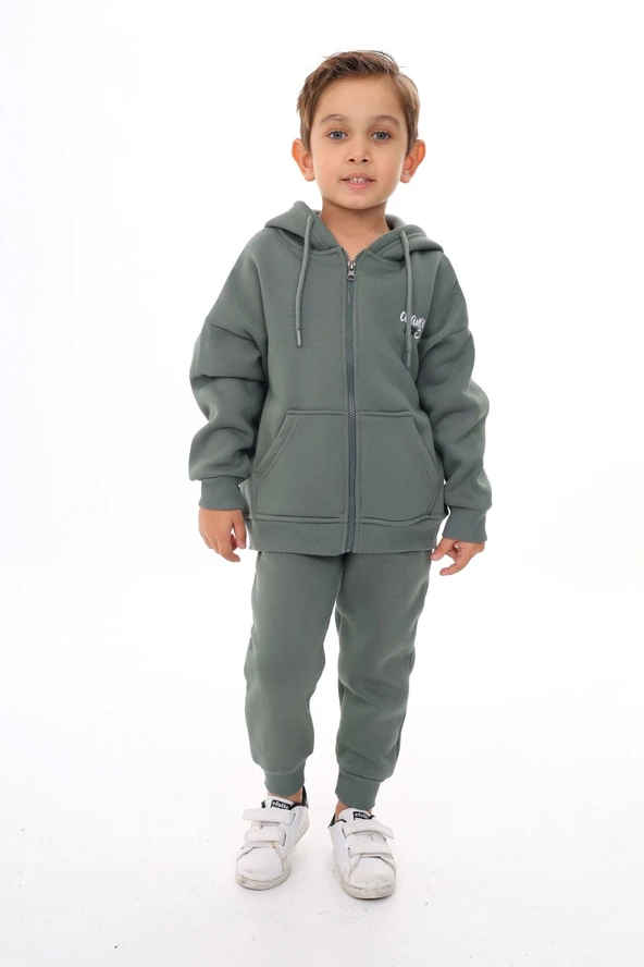 Toontoy Erkek Çocuk 2'li Takım Nakış Baskılı Kapüşonlu Fermuarlı Cepli Sweatshirt & Beli Paçası Lastikli Cepli Jogger Eşofman Altı - 3 İplik Şardonlu ürün görseli 1