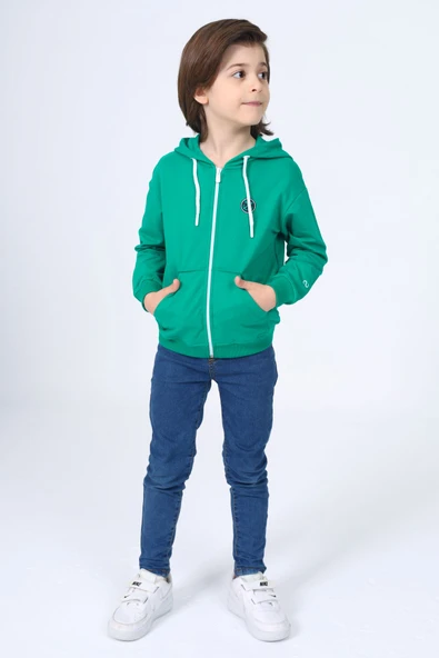 Toontoy Erkek Çocuk Kapüşonlu Fermuarlı Cepli Düşük Omuz Baskılı Örme Hırka - 3 İplik Şardonsuz ürün görseli 1