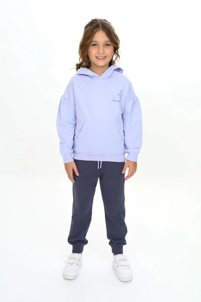 Toontoy Kız Çocuk 2'li Takım Baskılı Kapüşonlu Cepli Sweatshirt & Beli Paçası Lastikli Cepli Jogger Eşofman Altı - Renk Bloklu & TK24575 ürün görseli 1