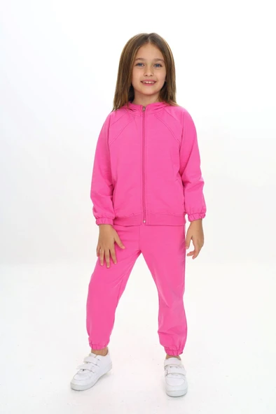 Toontoy Kız Çocuk 2'li Takım Kapüşonlu Cepli Reglan Kol Sweatshirt & Beli Paçası Lastikli Cepli Jogger Eşofman Altı - 2 İplik ürün görseli 1