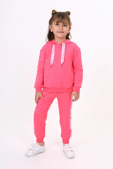 Toontoy Kız Çocuk 2'li Takım Kapüşonlu Sweatshirt & Beli Paçası Lastikli Cepli Jogger Eşofman Altı - Şerit Detaylı & 2 İplik ürün görseli 1