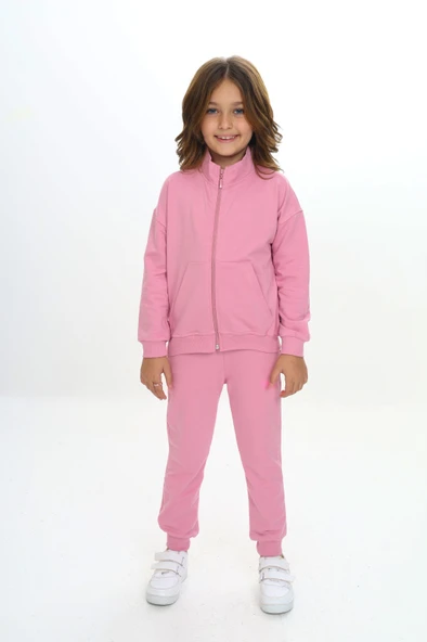Toontoy Kız Çocuk 2'li Takım Dik Yaka Fermuarlı Cepli Sweatshirt & Beli Paçası Ribanalı Jogger Eşofman Altı - 2 İplik ürün görseli 1