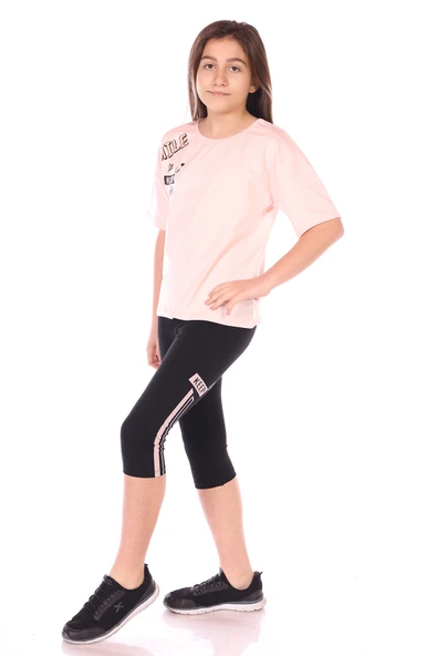 Toontoy Kız Çocuk 2'li Takım Baskılı Bisiklet Yaka T-Shirt & Beli Lastikli Crop Tayt ürün görseli 1