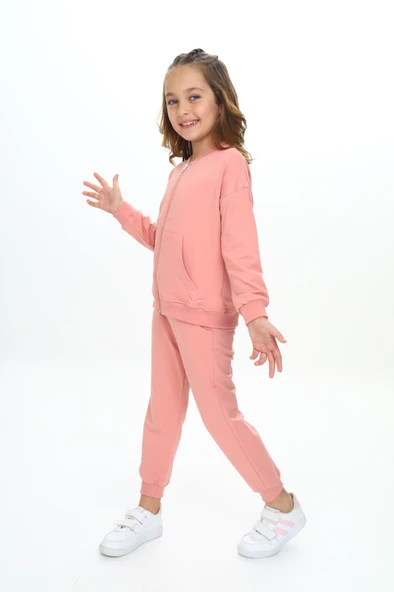 Toontoy Kız Çocuk 2'li Takım Nakış Baskılı Kolej Yaka Fermuarlı Cepli Sweatshirt & Beli Paçası Ribanalı Jogger Eşofman Altı - 2 İplik ürün görseli 1
