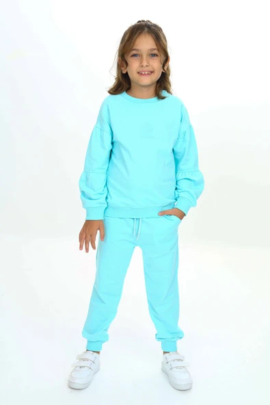 Toontoy Kız Çocuk 2'li Takım Baskılı Bisiklet Yaka Kolu Büzgülü Sweatshirt & Beli Paçası Lastikli Cepli Jogger Eşofman Altı - 2 İplik ürün görseli 1