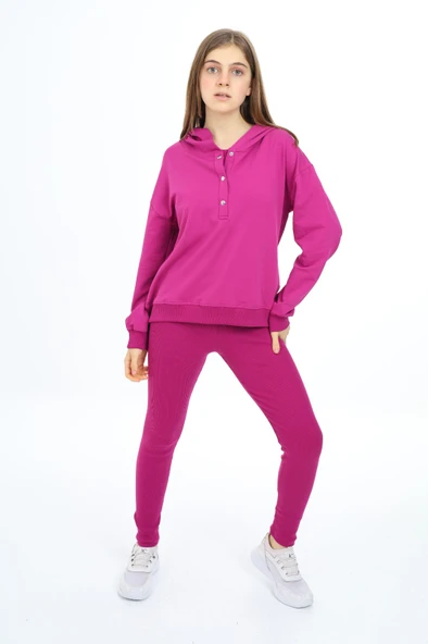 Toontoy Kız Çocuk 2'li Takım Baskılı Kapüşonlu Düşük Omuz Çıtçıtlı Sweatshirt & Basic Düz Tayt ürün görseli 1