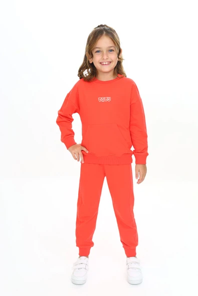 Toontoy Kız Çocuk 2'li Takım Nakış Baskılı Bisiklet Yaka Cepli Sweatshirt & Beli Paçası Ribanalı Jogger Eşofman Altı - 2 İplik ürün görseli 1