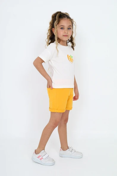 Toontoy Kız Çocuk 2'li Takım Baskılı Bisiklet Yaka T-Shirt & Beli Lastikli Şort ürün görseli 1