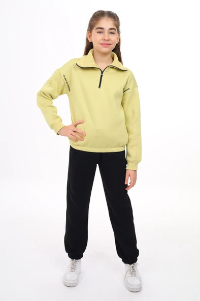 Toontoy Kız Çocuk 2'li Takım Baskılı Balıkçı Yaka Fermuarlı Sweatshirt & Beli Paçası Lastikli Cepli Jogger Eşofman Altı - Renk Bloklu 3 İplik Şardonlu ürün görseli 1