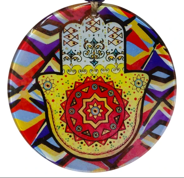 Renkli Geometrik Desenli Cam Hamsa Eli - Nazarlık Ev Hediyesi (16 cm) ürün görseli 1