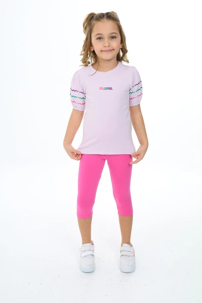 Toontoy Kız Çocuk 2'li Takım Baskılı Bisiklet Yaka Prenses Kol T-Shirt & Beli Lastikli Crop Tayt ürün görseli 1