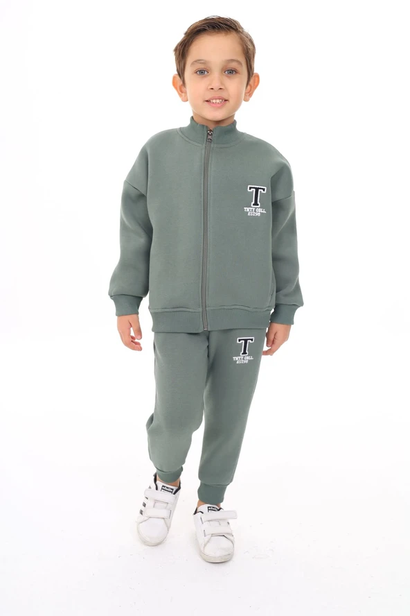 Toontoy Erkek Çocuk 2'li Takım Baskılı Dik Yaka Fermuarlı Sweatshirt & Beli Paçası Lastikli Cepli Jogger Eşofman Altı - 3 İplik Şardonlu ürün görseli 1