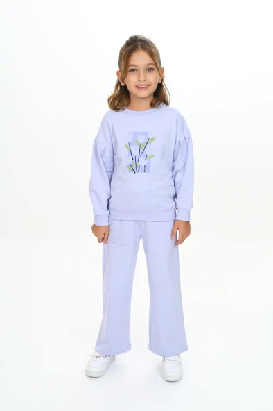 Toontoy Kız Çocuk 2'li Takım Baskılı Bisiklet Yaka Sweatshirt & Beli Lastikli Bol Paça Eşofman Altı - Garni Detaylı & 2 İplik ürün görseli 1