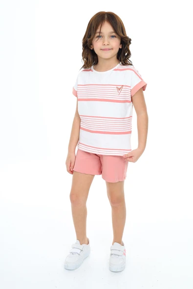 Toontoy Kız Çocuk 2'li Takım Baskılı Bisiklet Yaka T-Shirt & Beli Lastikli Cepli Şort ürün görseli 1