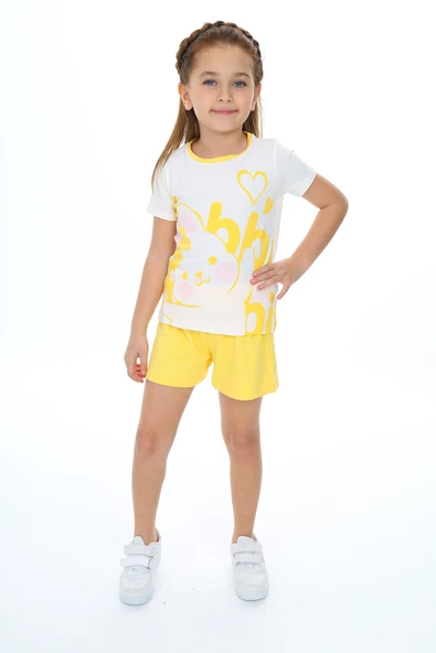 Toontoy Kız Çocuk 2'li Takım Baskılı Bisiklet Yaka T-Shirt & Beli Lastikli Şort ürün görseli 1