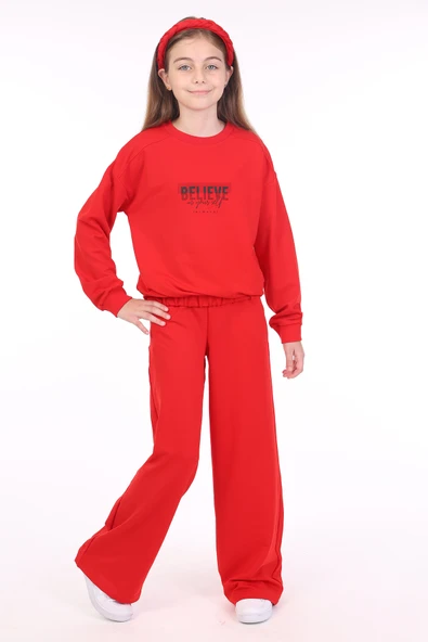 Toontoy Kız Çocuk 2'li Takım Baskılı Bisiklet Yaka Sweatshirt & Beli Lastikli Bol Paça Eşofman Altı - 2 İplik ürün görseli 1