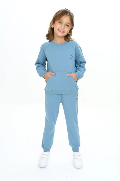 Toontoy Kız Çocuk 2'li Takım Nakış Baskılı Bisiklet Yaka Cepli Sweatshirt & Beli Paçası Lastikli Cepli Jogger Eşofman Altı - 2 İplik ürün görseli 1