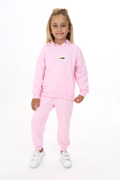 Toontoy Kız Çocuk 2'li Takım Baskılı Kapüşonlu Sweatshirt & Beli Paçası Lastikli Jogger Eşofman Altı - Garni Detaylı & 2 İplik ürün görseli 1