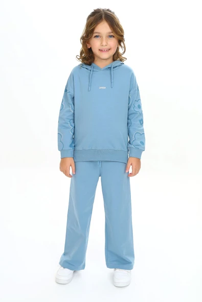 Toontoy Kız Çocuk 2'li Takım Kolu Baskılı Kapüşonlu Yırtmaçlı Sweatshirt & Beli Lastikli Bol Paça Eşofman Altı - 2 İplik ürün görseli 1
