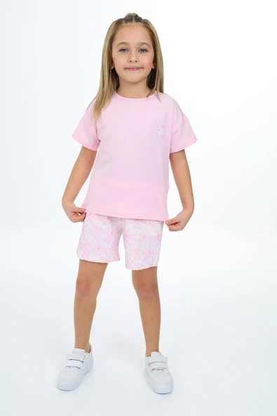 Toontoy Kız Çocuk 2'li Takım Baskılı Bisiklet Yaka T-Shirt & Beli Lastikli Şort ürün görseli 1