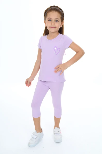 Toontoy Kız Çocuk 2'li Takım Baskılı Bisiklet Yaka T-Shirt & Beli Lastikli Crop Tayt ürün görseli 1