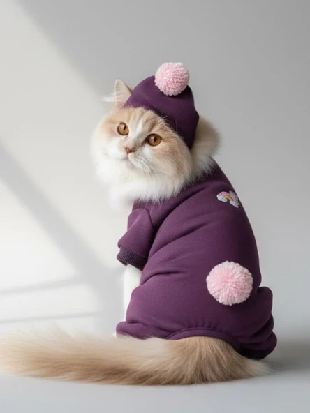 Purple Ponpon Pony Kedi Tulumu & Bere Takımı | Şardonlu Polar Kumaş | Tüy Dökülmesini Azaltır ürün görseli 1