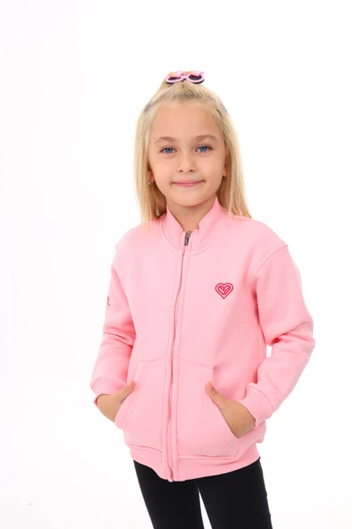 Toontoy Kız Çocuk Dik Yaka Fermuarlı Cepli Nakış Baskılı Örme Hırka - 2 İplik Şardonlu ürün görseli 1