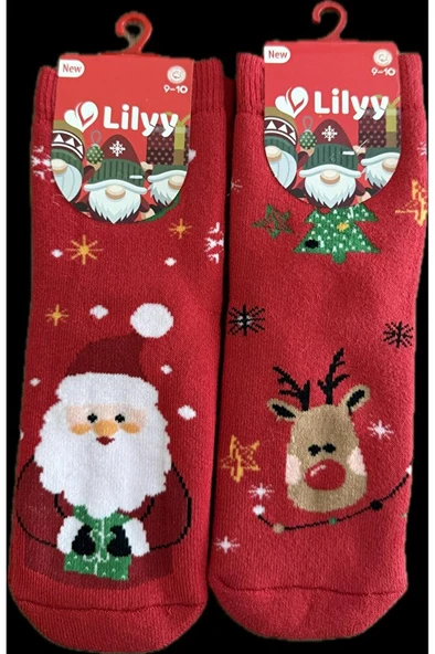 Yılbaşı Temalı Kırmızı Çocuk Çorap Noel Baba ve Geyik Desenli 9-10 Yaş ürün görseli 1