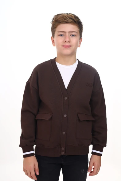 Toontoy Erkek Çocuk V Yaka Çıtçıt Kapama Cepli Düşük Omuz Nakış Baskılı Örme Hırka - 2 İplik Şardonlu ürün görseli 1