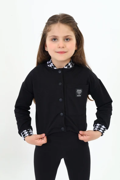 Toontoy Kız Çocuk Kolej Yaka Çıtçıt Kapama Baskılı Renk Bloklu Örme Hırka - 2 İplik Şardonlu ürün görseli 1