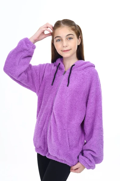 Toontoy Kız Çocuk Kapüşonlu Fermuarlı Cepli Reglan Kol Peluş Hırka ürün görseli 1