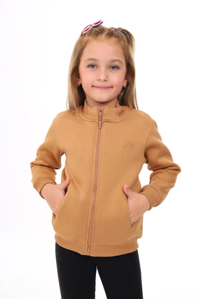 Toontoy Kız Çocuk Dik Yaka Fermuarlı Yarım Düşük Omuz Örme Hırka - 2 İplik Şardonlu ürün görseli 1
